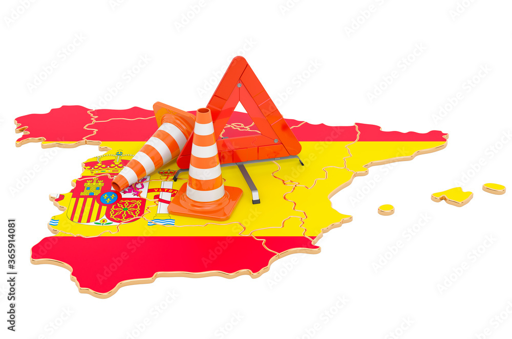 Poster spanish map with traffic cones and warning triangle, 3d rendering