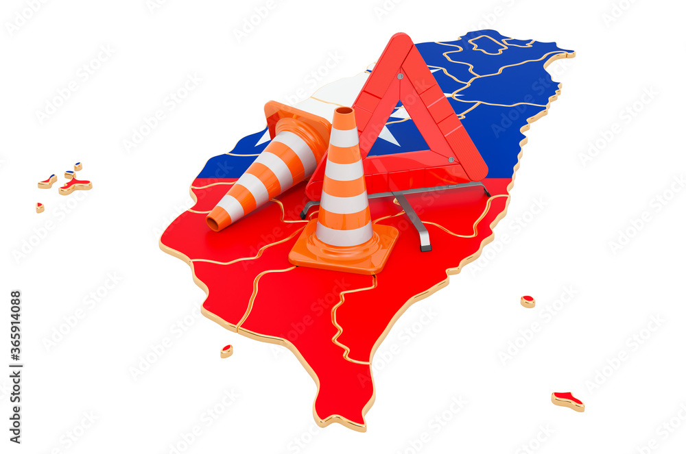 Poster thai map with traffic cones and warning triangle, 3d rendering