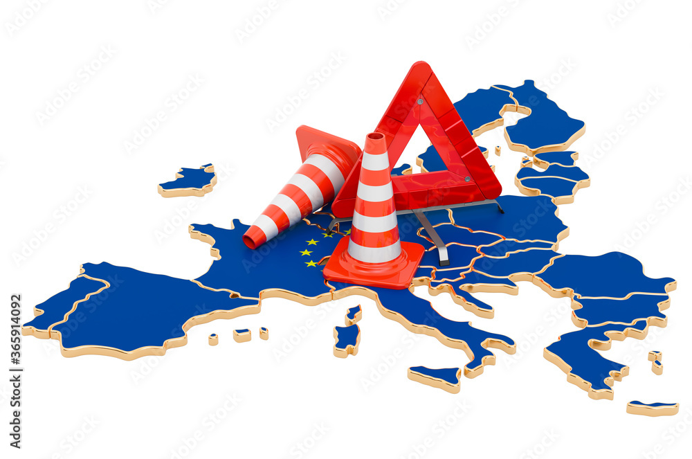 Poster the european union map with traffic cones and warning triangle, 3d rendering