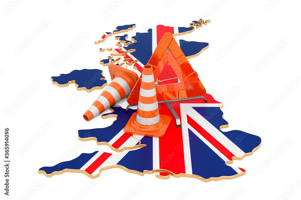 Poster the united kingdom map with traffic cones and warning triangle, 3d rendering