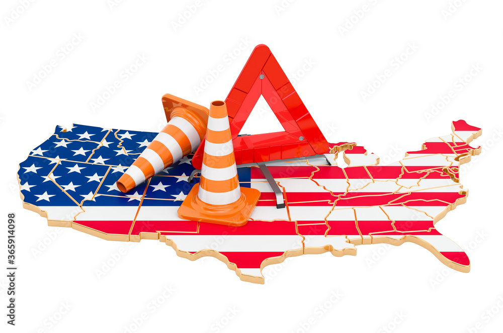 Poster the united states map with traffic cones and warning triangle, 3d rendering