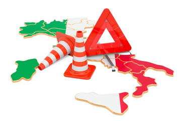 Italian map with traffic cones and warning triangle, 3D rendering