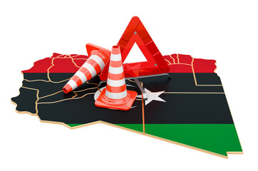 Libyan map with traffic cones and warning triangle, 3D rendering