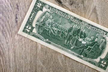 Declaration of Independence of the United States of America. Signing the Declaration of Independence on the 2 US dollars bank note made in 1976