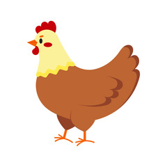 Hen bird isolated on white background. Cute farm fowl flat design cartoon style vector illustration. Funny poultry chicken mother.