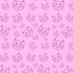 Seamless pattern of muzzles of cats purple contour on a pink background wallpaper texture vector graphics