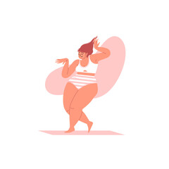 A fat woman with long hair smiling and dancing wearing a white bra and striped panties. Body positive woman dancing in underwear