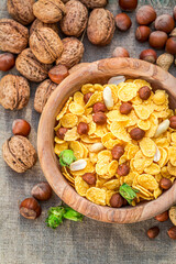 Top view of healthy cornflakes with mix of nuts