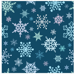Seamless pattern of many snowflakes on the dark blue-green background vector