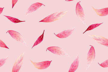 Watercolor painting fresh falling leaf,pink leaves seamless pattern background.Watercolor hand drawn illustration tropical exotic leaf prints for wallpaper,textile Hawaii aloha summer style pattern.