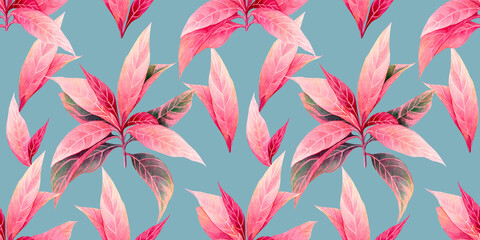 Watercolor painting colorful tropical leaf,pink leaves seamless pattern background.Watercolor hand drawn illustration tropical exotic leaf prints for wallpaper,textile Hawaii aloha summer style.. © nongnuch_l