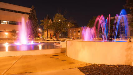Fountains and night lights.  Springfield, Illinois, USA
