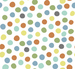 Seamless pattern vector. Cute polka dots in 1970's colors, olive green, sea blue, and dark orange (burnt sienna). Simple pattern for a wallpaper or background. Transparent background.