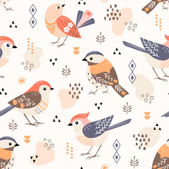 Seamless folk style pattern of cute birds with geometric elements. - 365918092