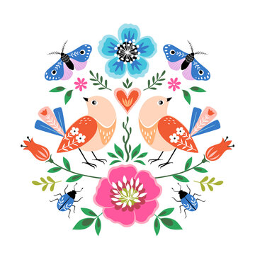 Bright colorful folk style illustration with birds, flowers, butterflies and bugs on white background.