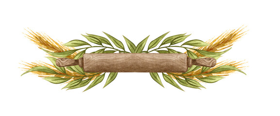 Baking watercolor illustration with rolling pin in floral arrangement on white background. Baking logo.