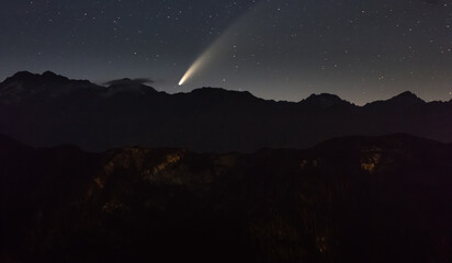 Night shot of comet Neowise at Jaufenpass in South Tyrol, Itlay