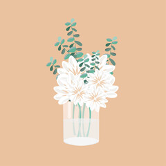 Vector flat illustration of flowers in a vase on a beige background