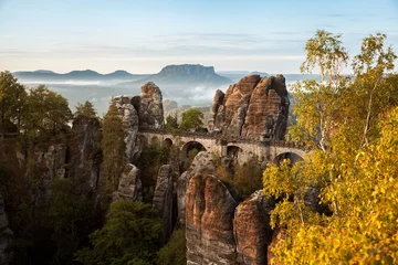Acrylic prints Antireflex Bastei Bridge Sunrise at the Bastei bridge above the Elbe River in the Elbe Sandstone Mountains of Germany. One of the most spectacular hiking regions in Europe. 