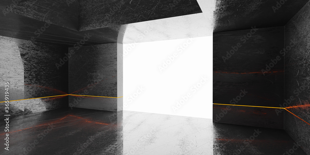 Poster dark abstract futuristic background. red glowing lines empty room 3d rendering illustration