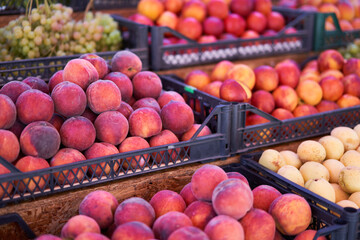 Fruit bazaar peaches grapes apricots ripe juicy lie plastic box showcase.