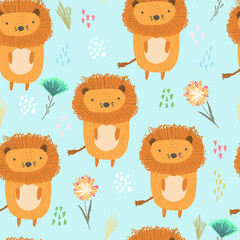 Obraz premium Cute seamless pattern with orange lions, colorful dots and childish flowers and grass on blue. Funny summer hand drawn safari feline cats texture for kids design, wallpaper, textile, wrapping paper