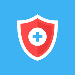 Medical insurance icon. Shield with cross. Health insurance concept. Flat design. Vector illustration