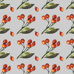 Watercolor autumn seamless pattern on bright background for wrapping, textile, scrapbooking. Hand painted watercolor autumn pattern with red berries