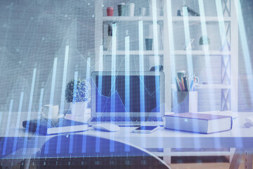 Fototapeta na wymiar Double exposure of financial graph drawing and office interior background. Concept of stock market.