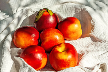 Red ripe organic nectarine fruits on the white kitchen towel. Summertime healthy eating concept. Fruit antioxidant. Selective focus