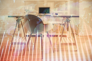 Multi exposure of financial graph drawing and office interior background. Concept of market analysis.