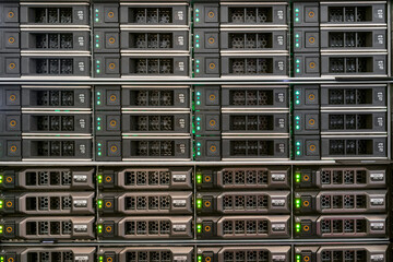 Fototapeta na wymiar Hosting platform for storage servers. Cloud services are available on hard drives of computer equipment.