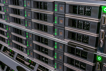 Many hard drives are installed in the storage server slots. Hosting of web services is available in the server room of the data center.