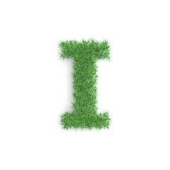 Letter I symbol made of green grass isolated on white background, part of the set. Sustainable technology or lifestyle related 3d rendering