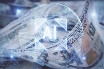 Double exposure of data theme drawing over us dollars bill background. Technology concept.