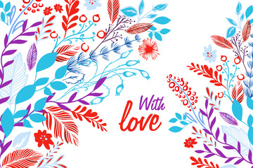 Fototapeta na wymiar Postcard with red and blue flowers. With love. Vector illustration