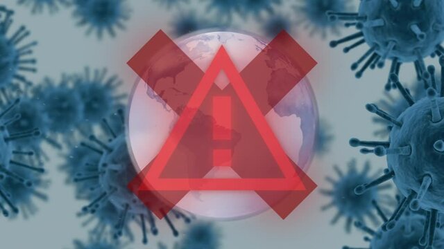 Red cross and attention sign over globe spinning against Covid-19 cells moving