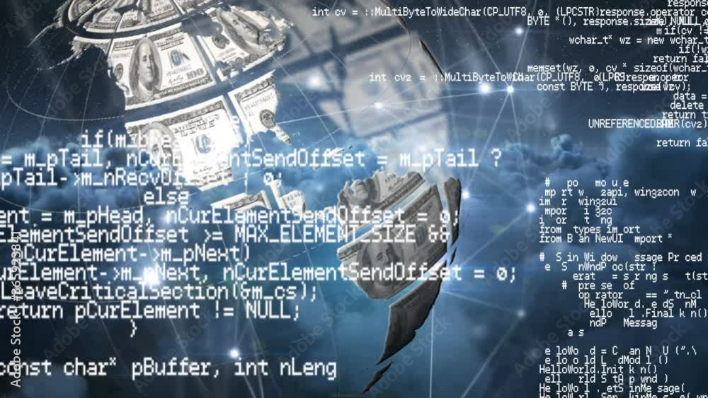 Poster globe made of american dollars and network of connections against data processing