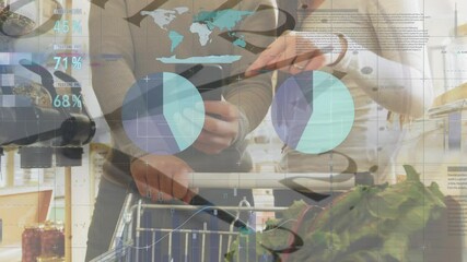 Financial data processing against couple using smartphone while shopping in grocery store - Powered by Adobe