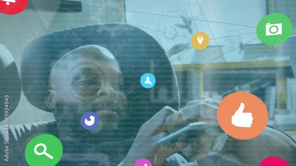 Poster web of connections icons against man using smartphone