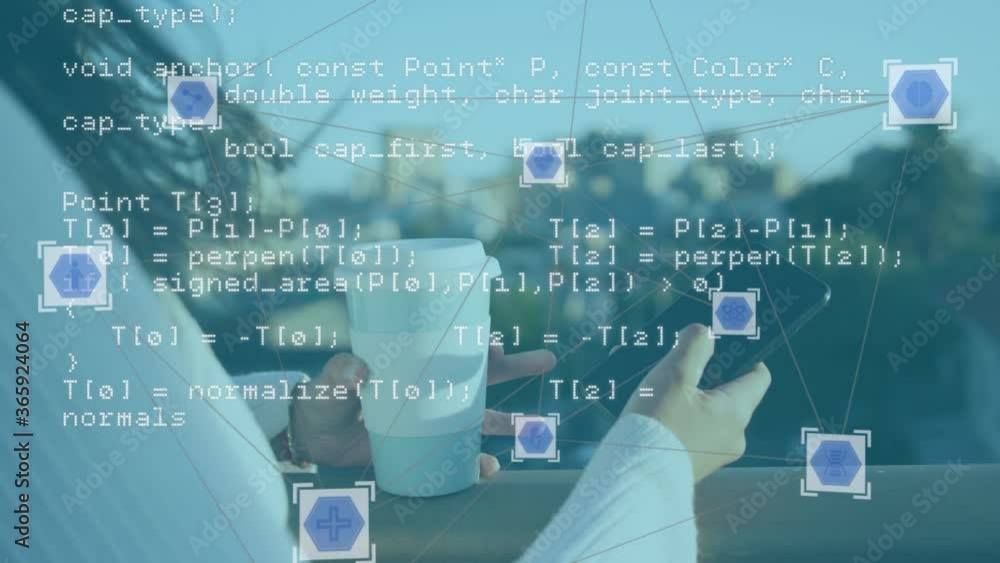 Poster web of connections icons and data processing against woman using smartphone