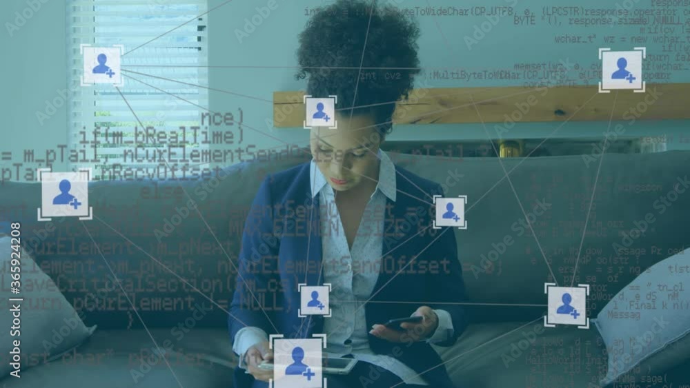 Poster web of connections icons and data processing against woman using digital tablet and smartphone