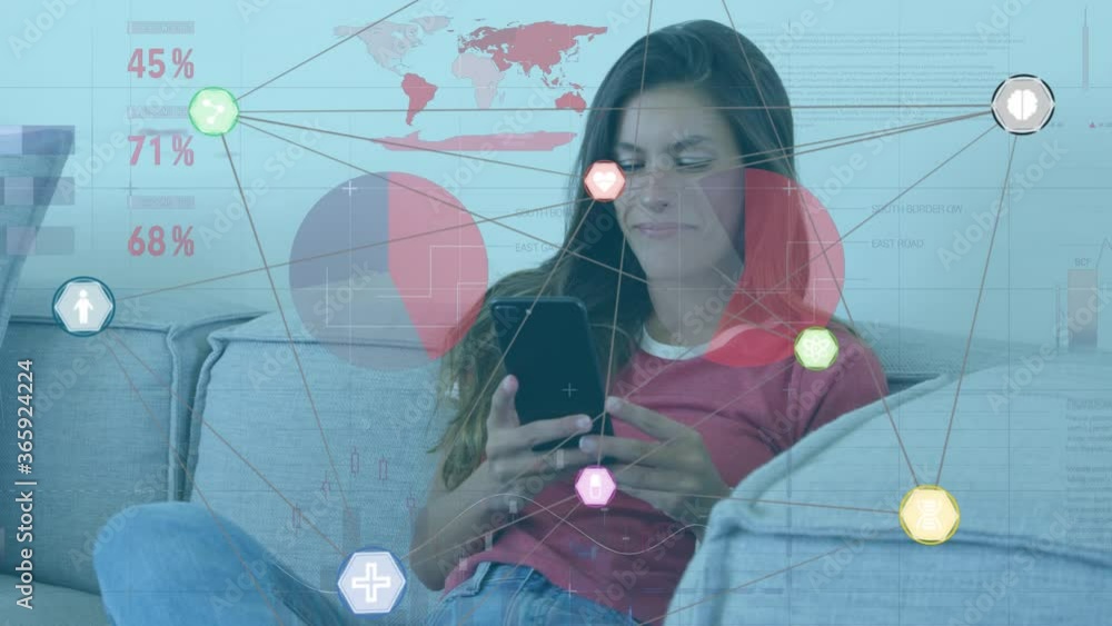 Poster web of connections icons and financial data processing against woman using smartwatch and smartphone