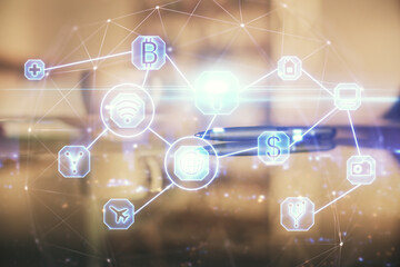 Double exposure of social network theme drawing hologram over coffee cup background in office. Concept people connection.