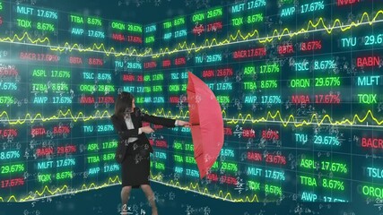 Stock market data processing against woman trying to close an umbrella - Powered by Adobe