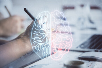 Double exposure of brain drawing over people taking notes background. Concept of Ai