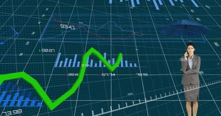 Green graphs and Financial data processing against businesswoman holding an umbrella - Powered by Adobe