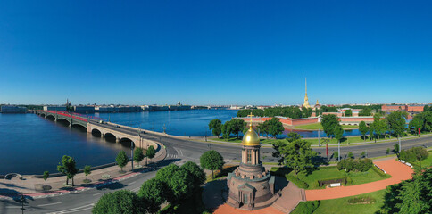 Saint Petersburg bridges. Russia. Trinity bridge. Chapel on Trinity Square. St. Petersburg on a summer day. Trinity bridge view from a quadcopter. Panorama Russian city. Petersburg in summer weather