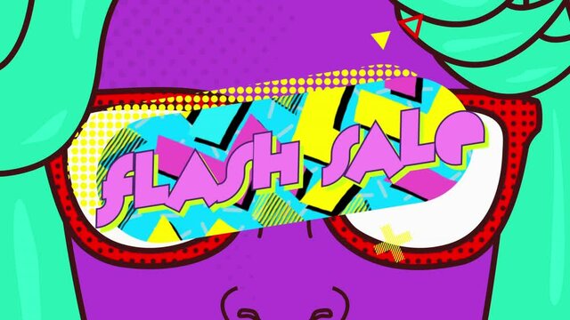 Flash sale text on digital face with sunglasses against yellow background