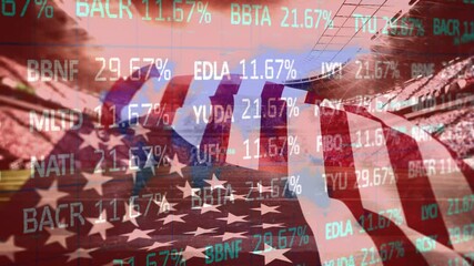 US flag waving over stock market data processing against stadium  - Powered by Adobe